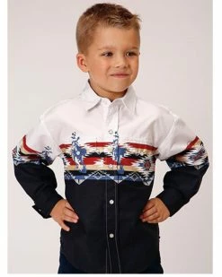 Roper Boys' Vintage Southwestern Border Print Long Sleeve Western Snap Shirt Black 7 Roper Boys' Vintage Southwestern Border Print Long Sleeve Western Snap Shirt Black -Roper Shop 2000366521 001 P1 1