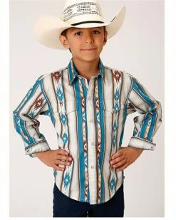 Roper Boys' Vintage Southwestern Stripe Print Long Sleeve Western Snap Shirt Blue 7 Roper Boys' Vintage Southwestern Stripe Print Long Sleeve Western Snap Shirt Blue -Roper Shop 2000366522 400 P1 1