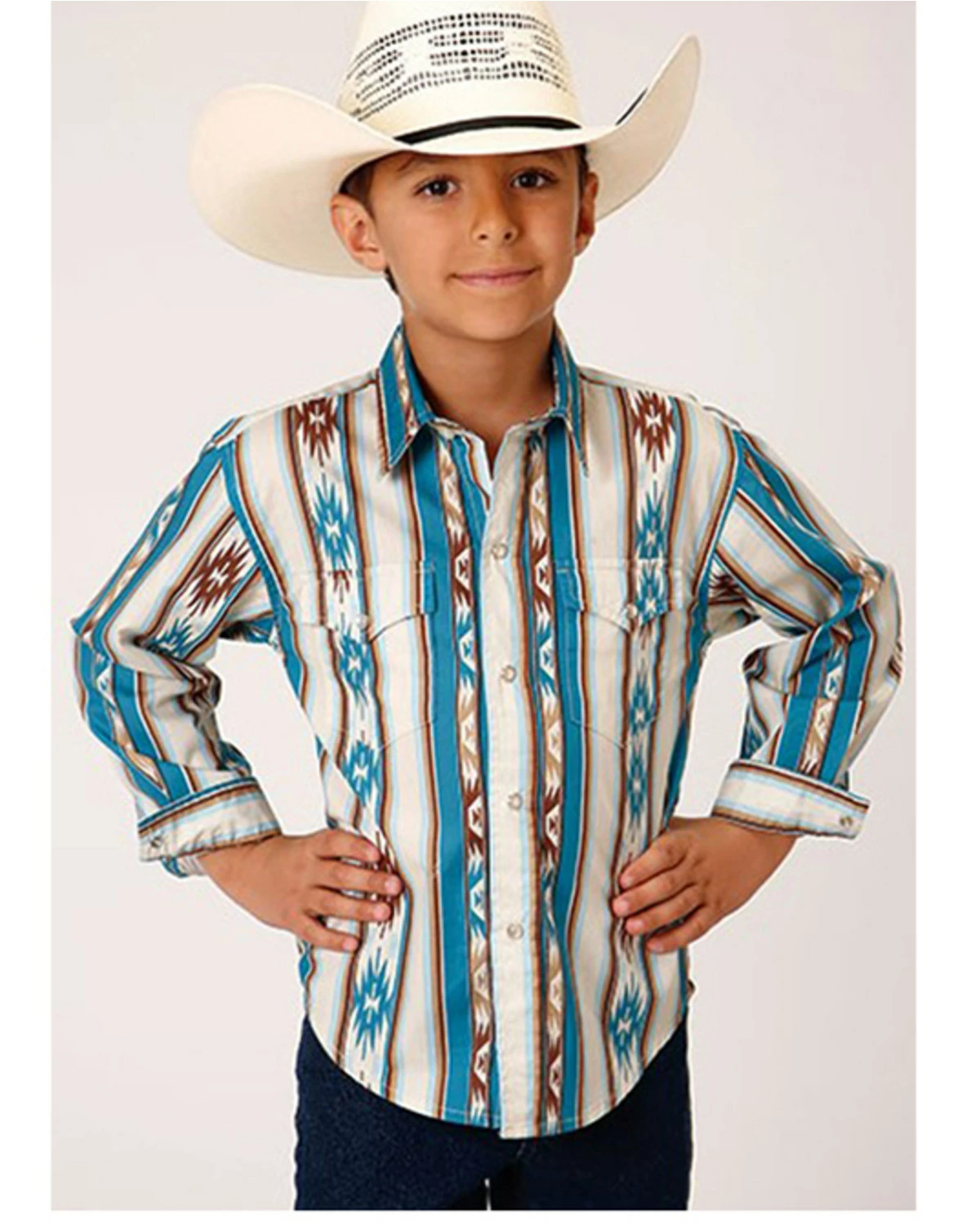 Roper Boys' Vintage Southwestern Stripe Print Long Sleeve Western Snap Shirt Blue 5 Roper Boys' Vintage Southwestern Stripe Print Long Sleeve Western Snap Shirt Blue - Image 3