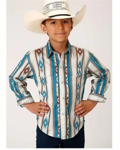 Roper Boys' Vintage Southwestern Stripe Print Long Sleeve Western Snap Shirt Blue