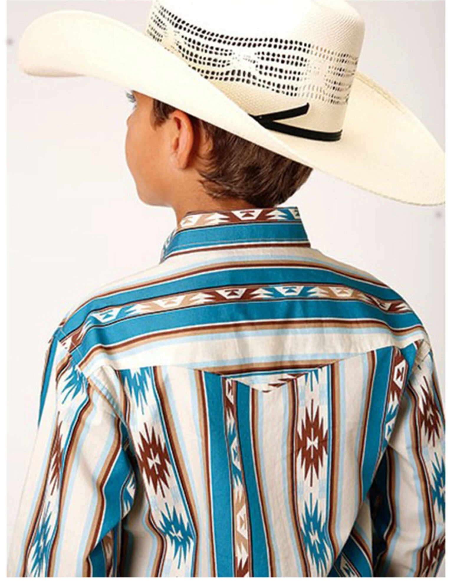 Roper Boys' Vintage Southwestern Stripe Print Long Sleeve Western Snap Shirt Blue 4 Roper Boys' Vintage Southwestern Stripe Print Long Sleeve Western Snap Shirt Blue - Image 2