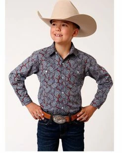 Roper Boys' Amarillo Paisley Print Long Sleeve Western Snap Shirt Wine