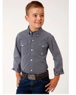 Roper Boys' Amarillo Floral Print Long Sleeve Western Button-Down Shirt Blue