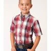 Roper Boys' Amarillo Plaid Print Short Sleeve Western Button-Down Shirt Red