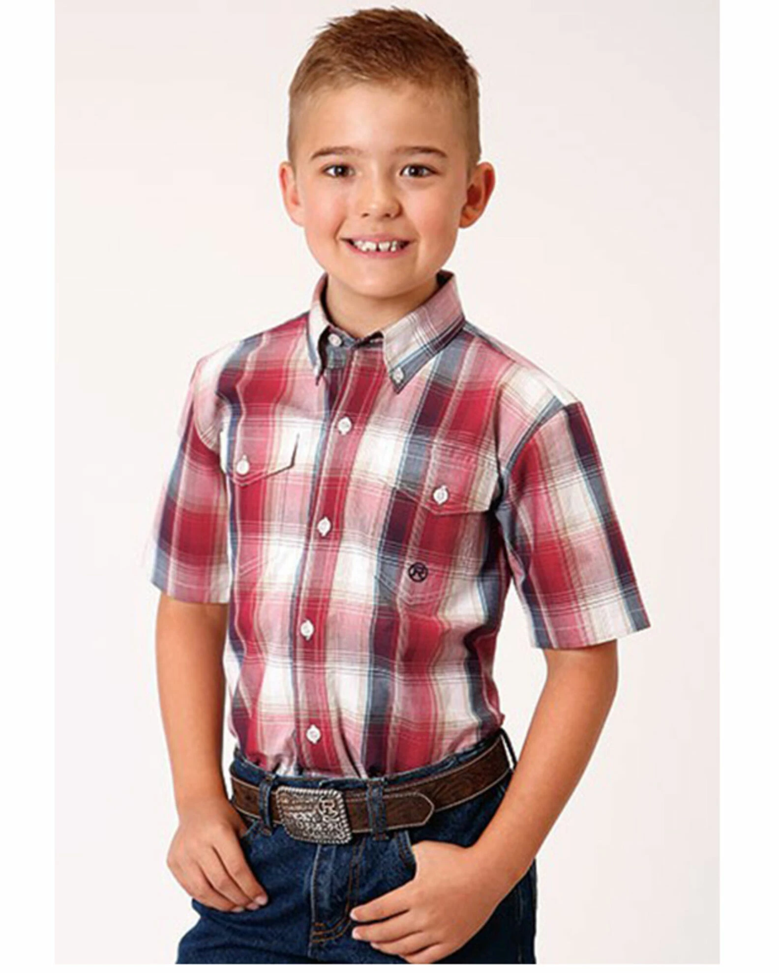 Roper Boys' Amarillo Plaid Print Short Sleeve Western Button-Down Shirt Red 3 Roper Boys' Amarillo Plaid Print Short Sleeve Western Button-Down Shirt Red