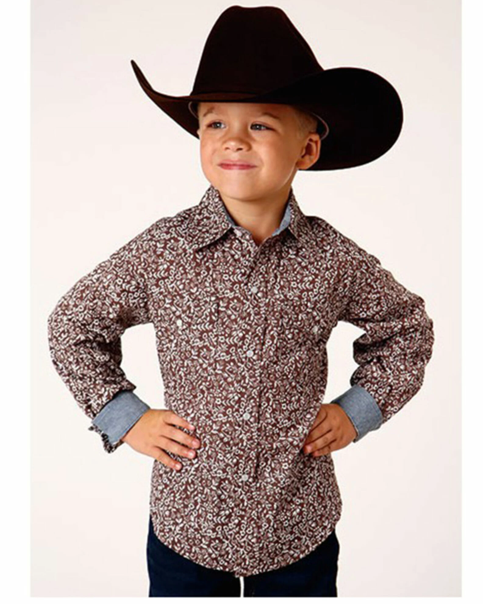 Roper Boys' Floral Print Long Sleeve Western Snap Shirt Brown 3 Roper Boys' Floral Print Long Sleeve Western Snap Shirt Brown