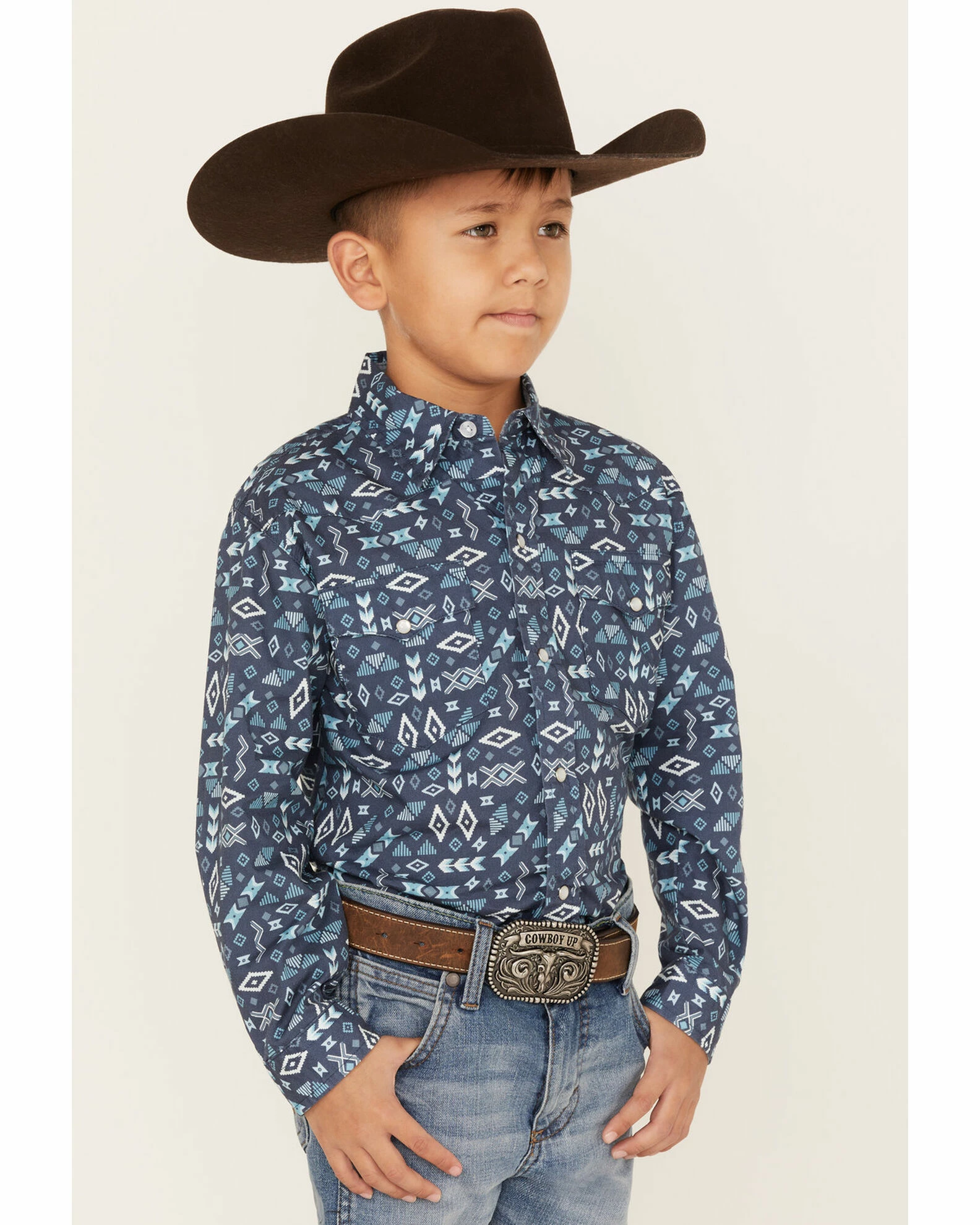 Roper Boys' West Made Southwestern Print Long Sleeve Western Snap Shirt Blue 4 Roper Boys' West Made Southwestern Print Long Sleeve Western Snap Shirt Blue - Image 2