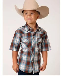 Roper Boys' West Made Plaid Print Short Sleeve Western Snap Shirt Brown -Roper Shop 2000366531 200 P1 1