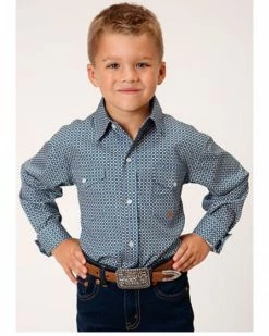 Roper Boys' Amarillo Geo Print Long Sleeve Western Snap Shirt Blue -Roper Shop 2000366533 400 P1 1