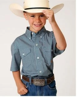 Roper Boys' Amarillo Geo Print Short Sleeve Western Button-Down Shirt Blue 7 Roper Boys' Amarillo Geo Print Short Sleeve Western Button-Down Shirt Blue -Roper Shop 2000366534 400 P1 1