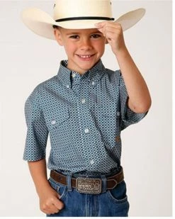 Roper Boys' Amarillo Geo Print Short Sleeve Western Button-Down Shirt Blue