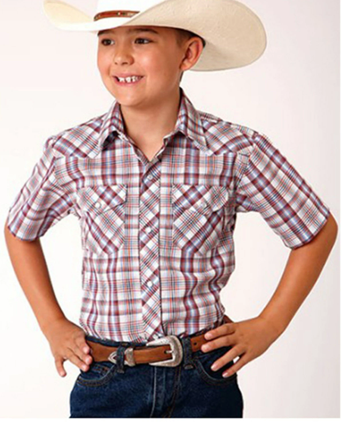 Roper Boys' Plaid Print Short Sleeve Western Snap Shirt White 5 Roper Boys' Plaid Print Short Sleeve Western Snap Shirt White - Image 3