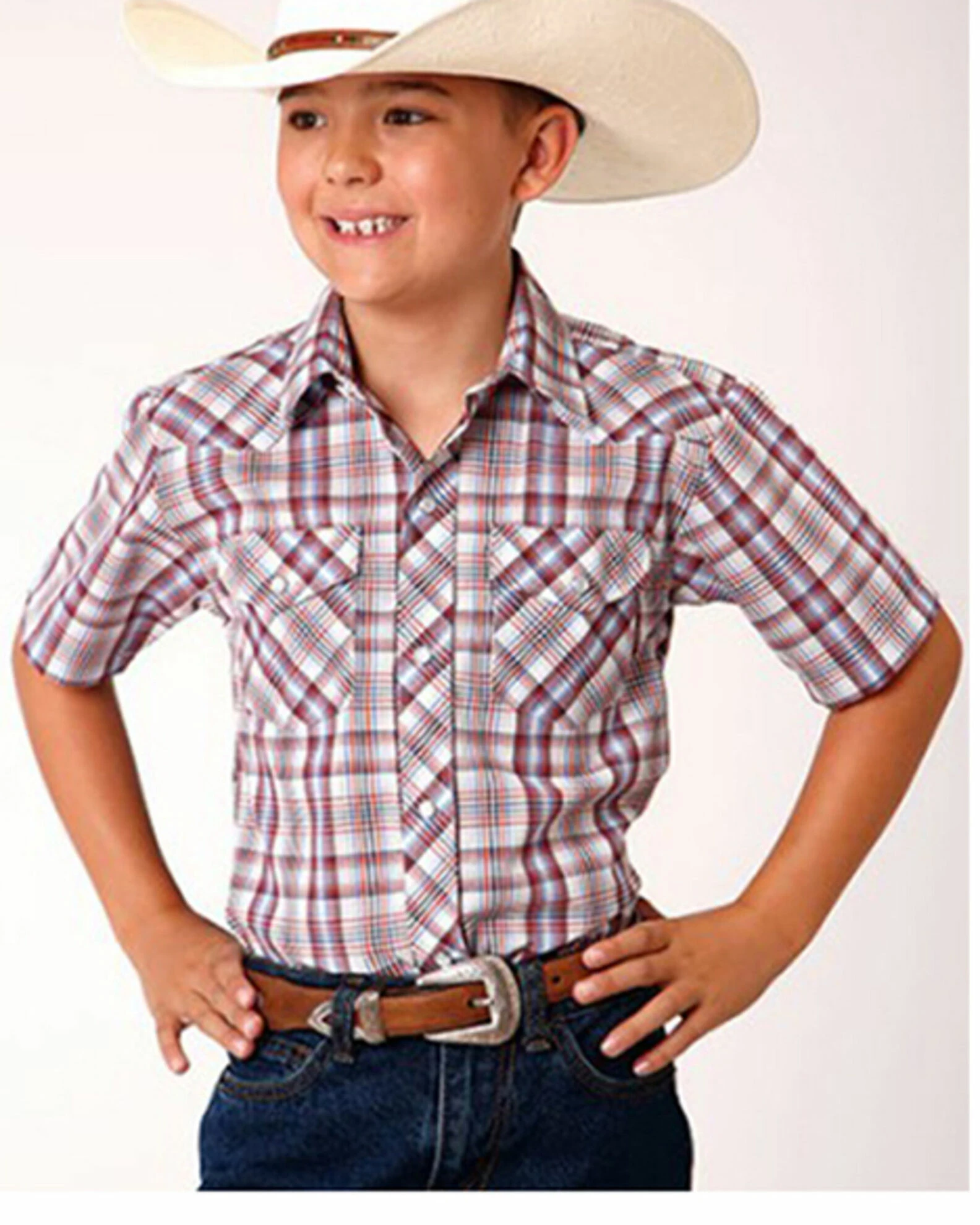 Roper Boys' Plaid Print Short Sleeve Western Snap Shirt White 3 Roper Boys' Plaid Print Short Sleeve Western Snap Shirt White