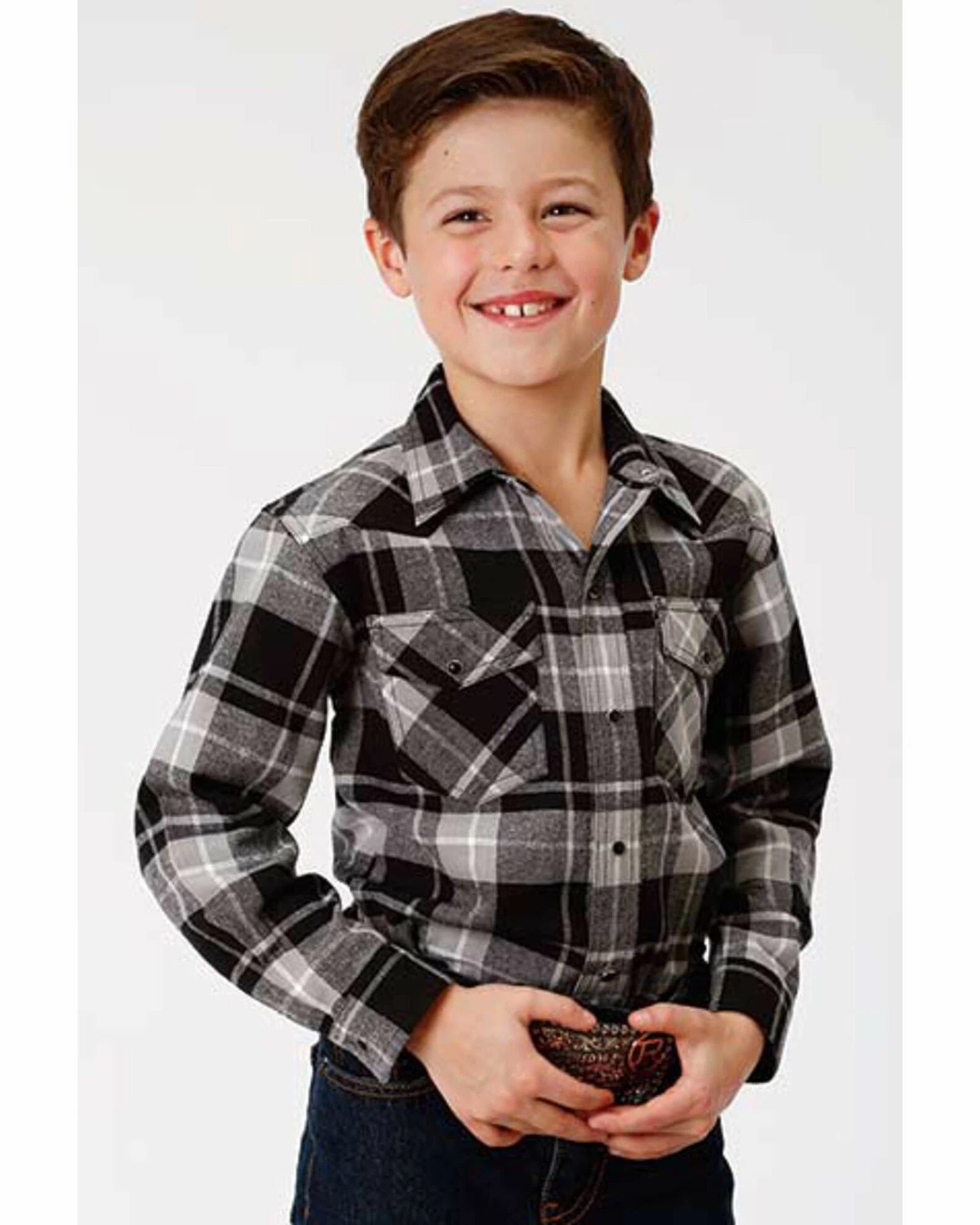 Roper Boys' Plaid Long Sleeve Snap Western Shirt - Black 3 Roper Boys' Plaid Long Sleeve Snap Western Shirt - Black