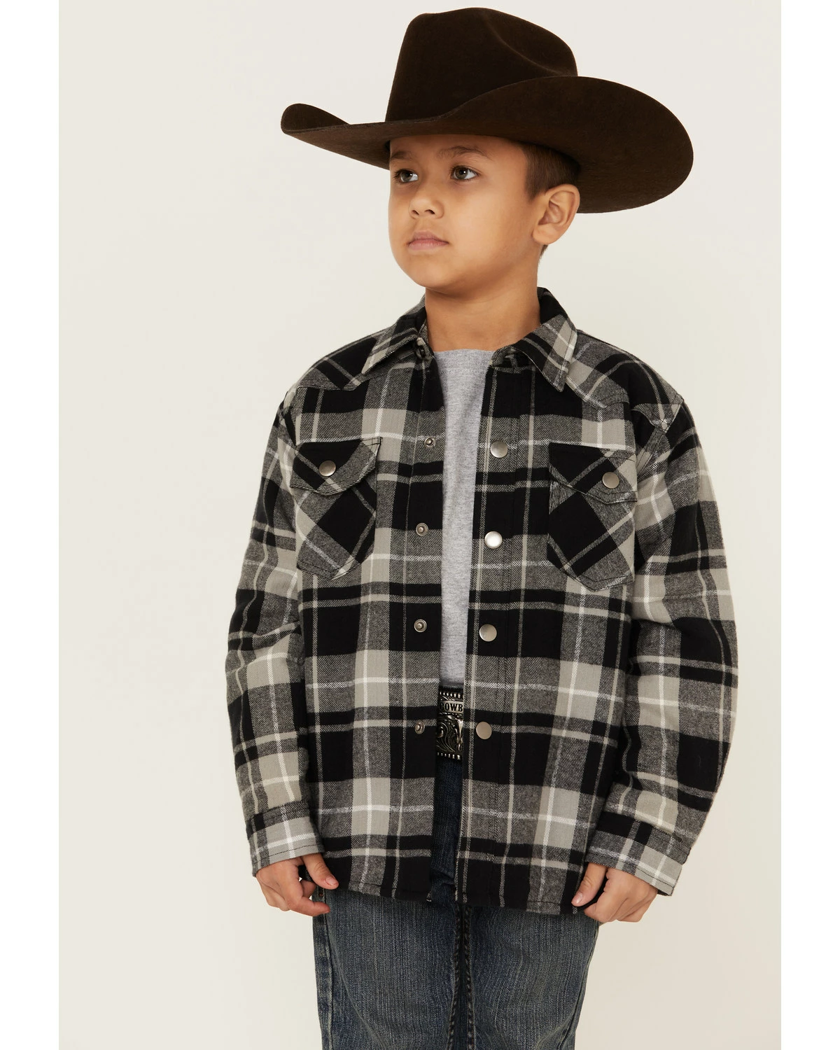 Roper Boys' Black & Grey Plaid Long Sleeve Snap Western Flannel Shirt 7 Roper Boys' Black & Grey Plaid Long Sleeve Snap Western Flannel Shirt - Image 5