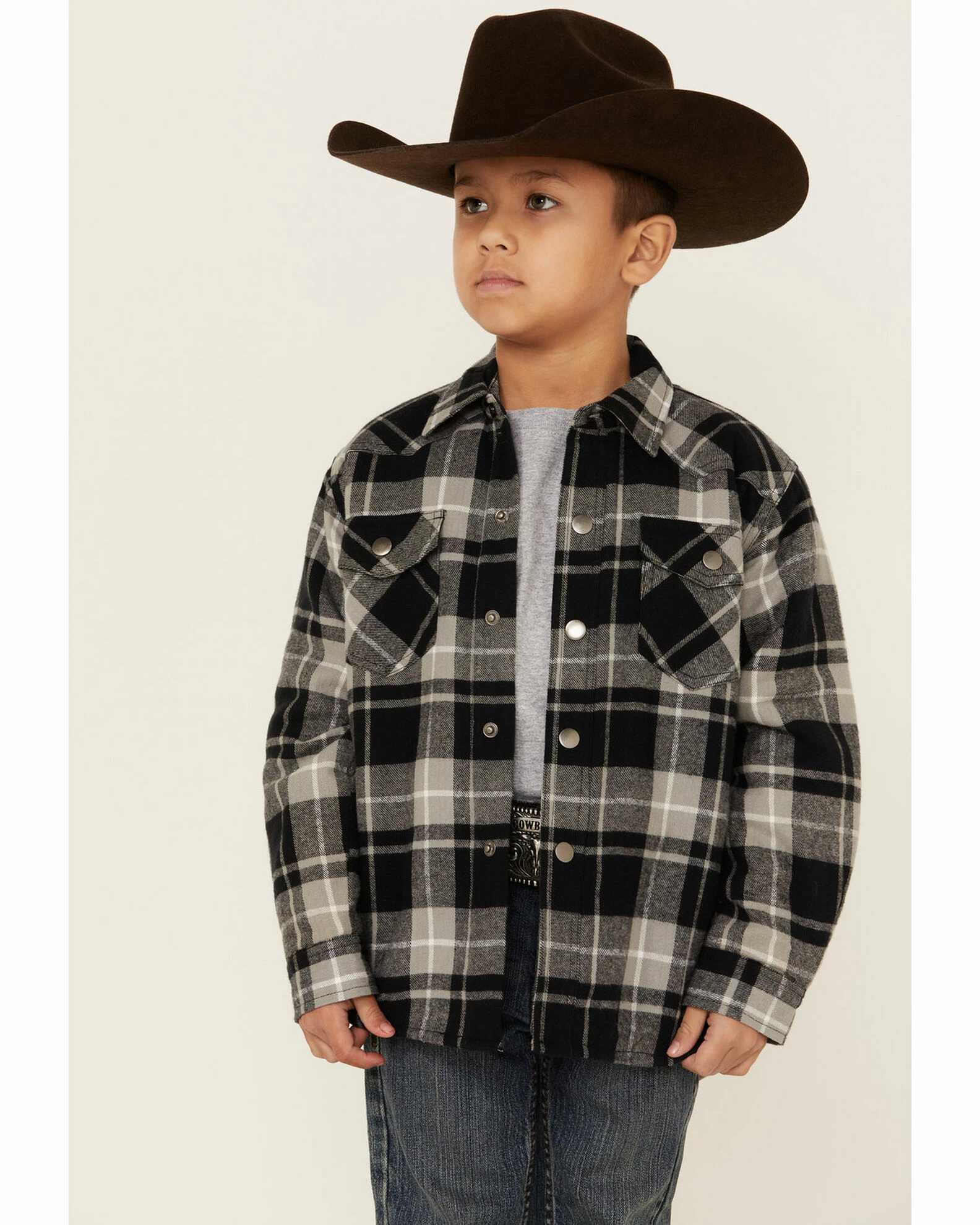 Roper Boys' Black & Grey Plaid Long Sleeve Snap Western Flannel Shirt 3 Roper Boys' Black & Grey Plaid Long Sleeve Snap Western Flannel Shirt