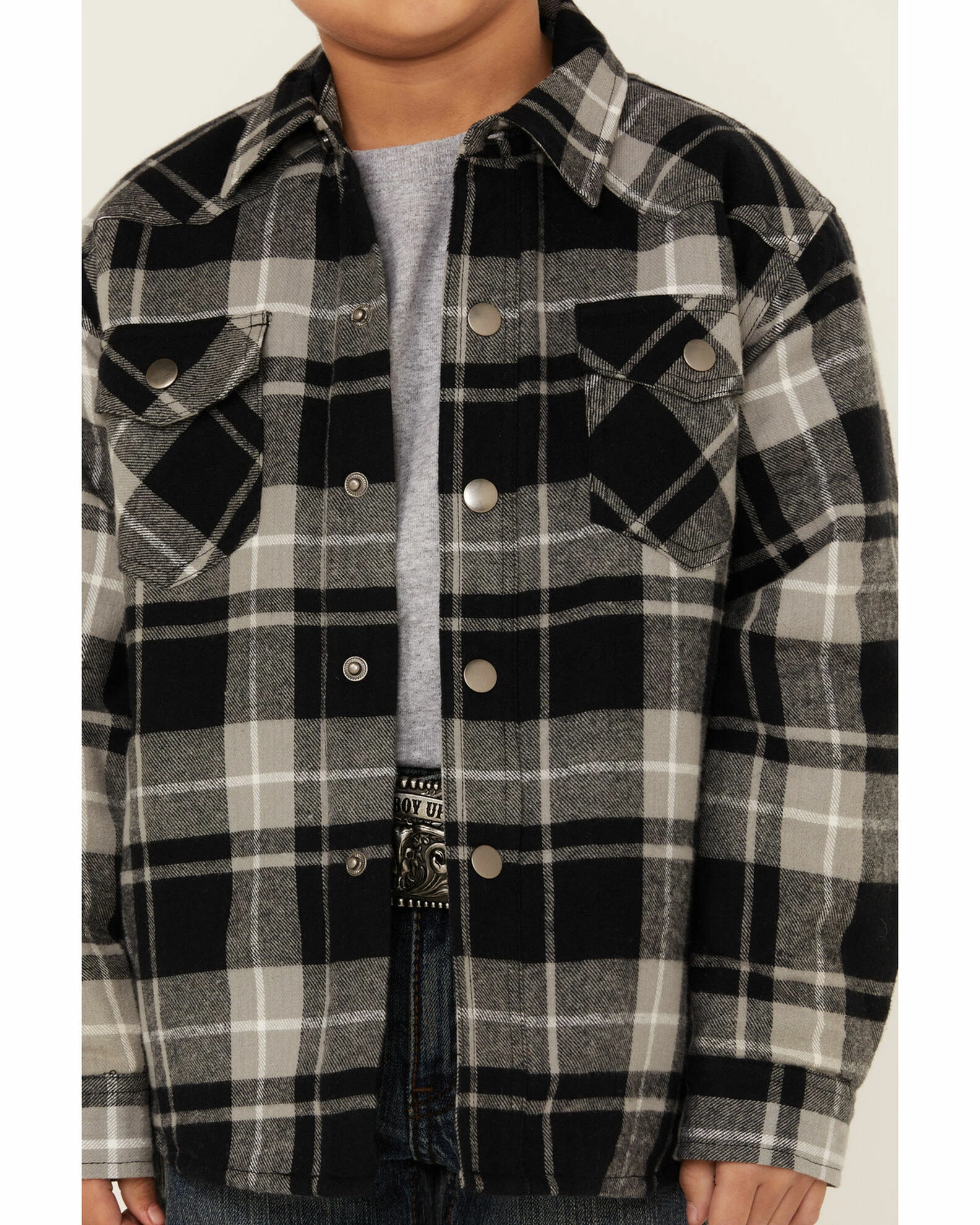 Roper Boys' Black & Grey Plaid Long Sleeve Snap Western Flannel Shirt 4 Roper Boys' Black & Grey Plaid Long Sleeve Snap Western Flannel Shirt - Image 2