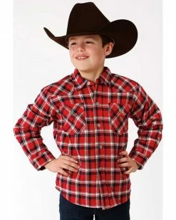 Roper Boys' Plaid Long Sleeve Snap Western Lined Shirt Jacket Red