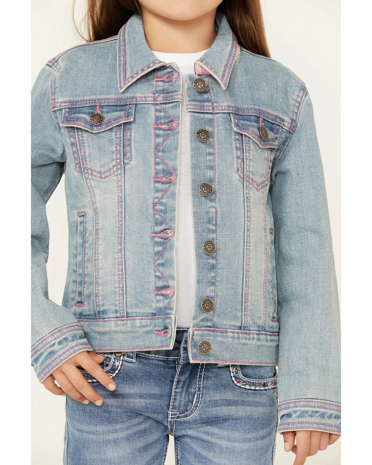 Roper Girls' Checkered Plaid Denim Jacket Light Blue 4 Roper Girls' Checkered Plaid Denim Jacket Light Blue - Image 2