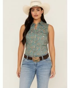 Roper Women's Paisley Sleeveless Snap Western Shirt Blue