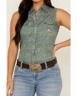 Roper Women's Paisley Sleeveless Snap Western Shirt Blue -Roper Shop 2000366834 400 P3