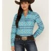 Roper Women's Southwestern Stripe Print Long Sleeve Snap Western Shirt Blue