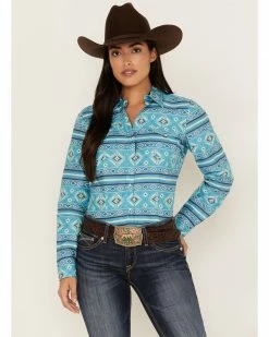Roper Women's Southwestern Stripe Print Long Sleeve Snap Western Shirt Blue