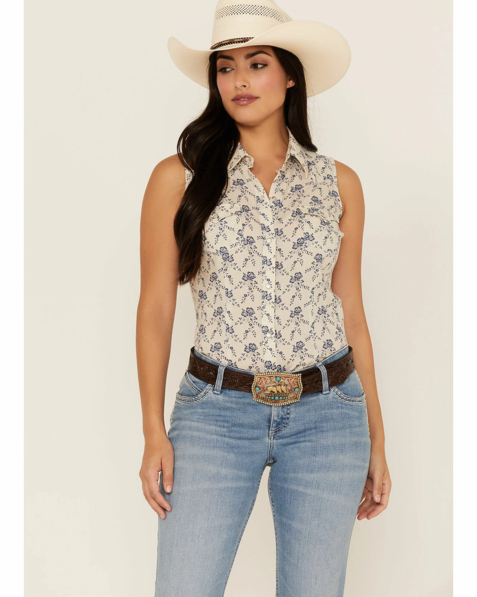 Roper Women's Floral Print Sleeveless Western Shirt White 3 Roper Women's Floral Print Sleeveless Western Shirt White