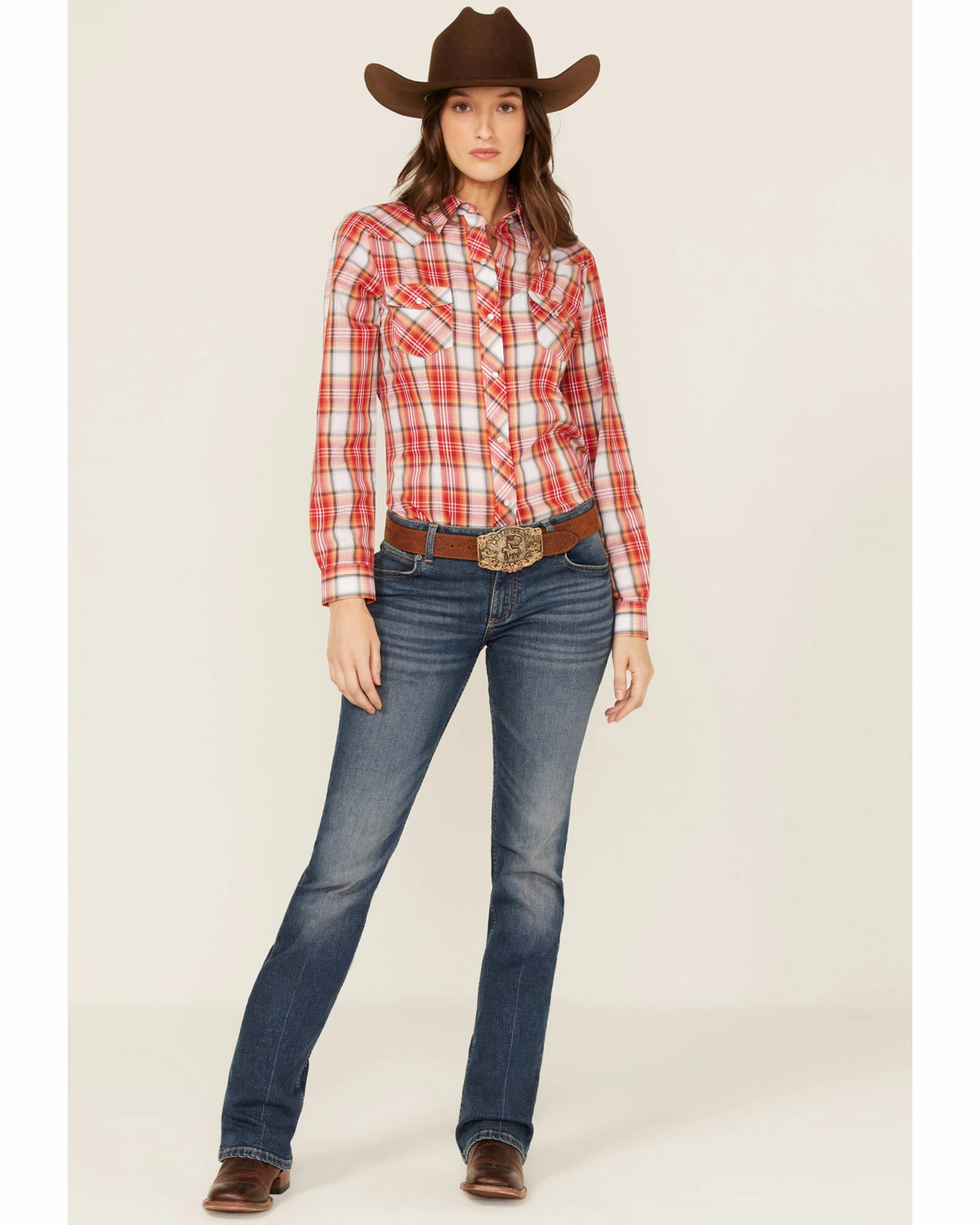 Roper Women's Plaid Print Long Sleeve Western Snap Shirt Orange 4 Roper Women's Plaid Print Long Sleeve Western Snap Shirt Orange - Image 2