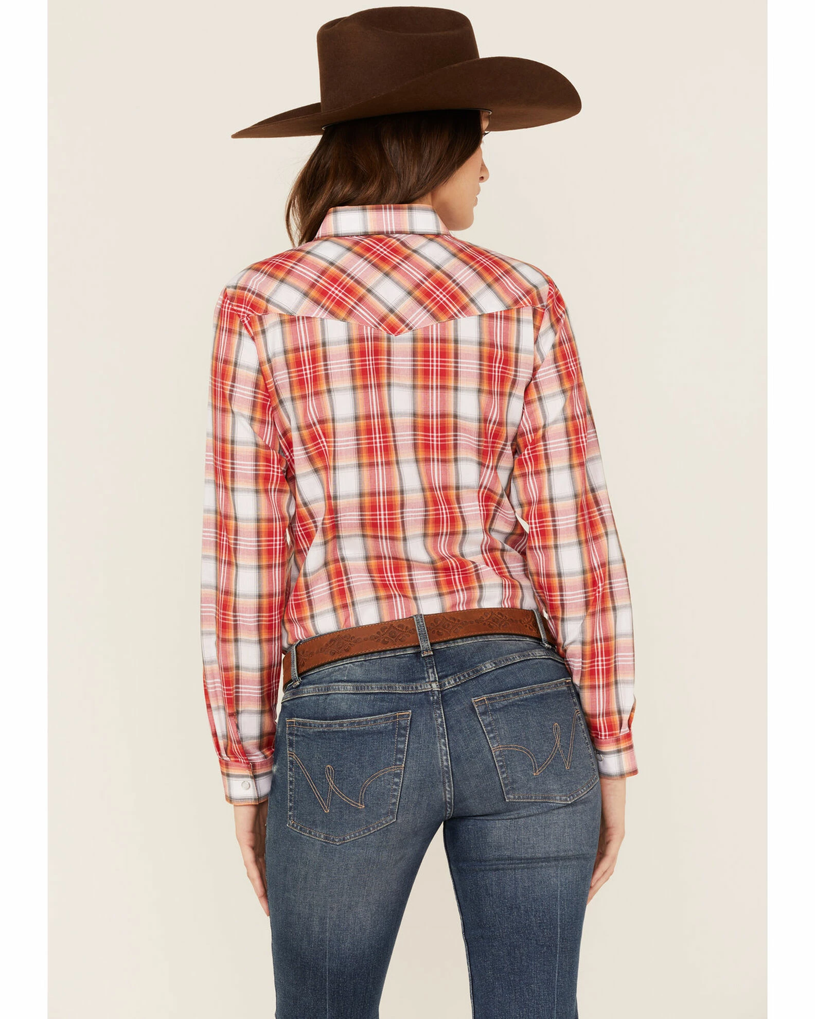 Roper Women's Plaid Print Long Sleeve Western Snap Shirt Orange 6 Roper Women's Plaid Print Long Sleeve Western Snap Shirt Orange - Image 4