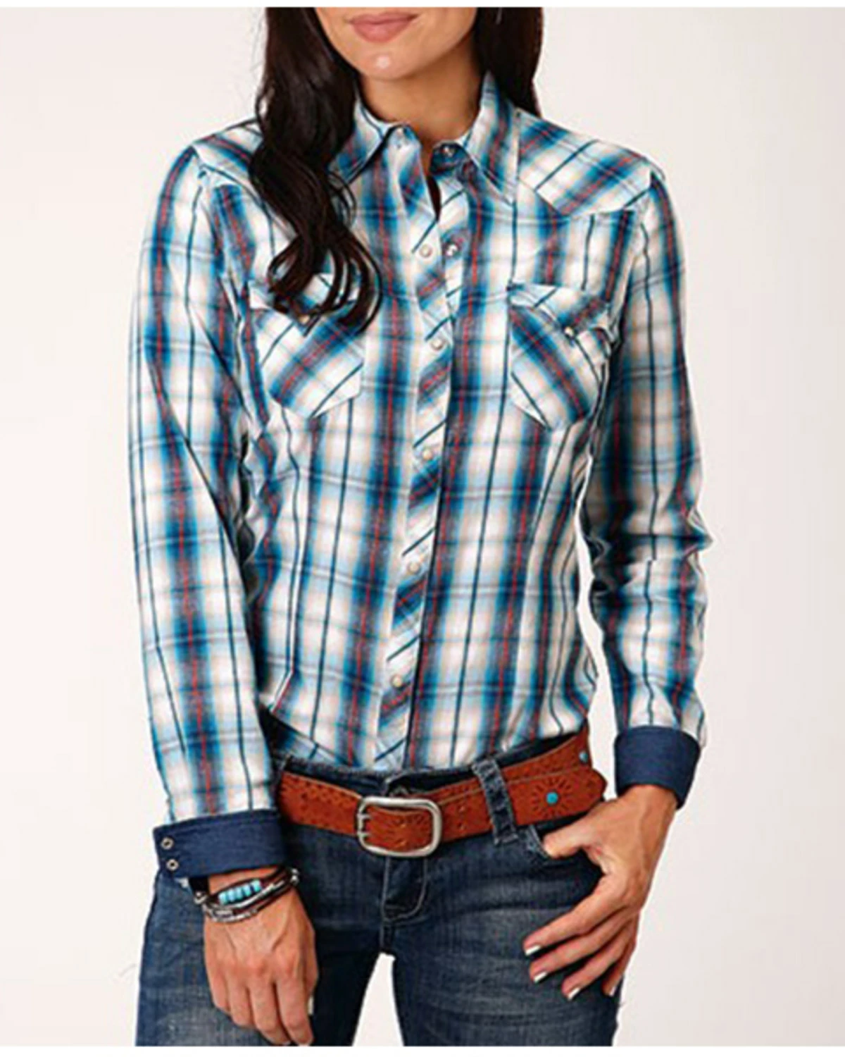 Roper Women's Plaid Print Long Sleeve Snap Western Shirt - Plus Blue 5 Roper Women's Plaid Print Long Sleeve Snap Western Shirt - Plus Blue - Image 3