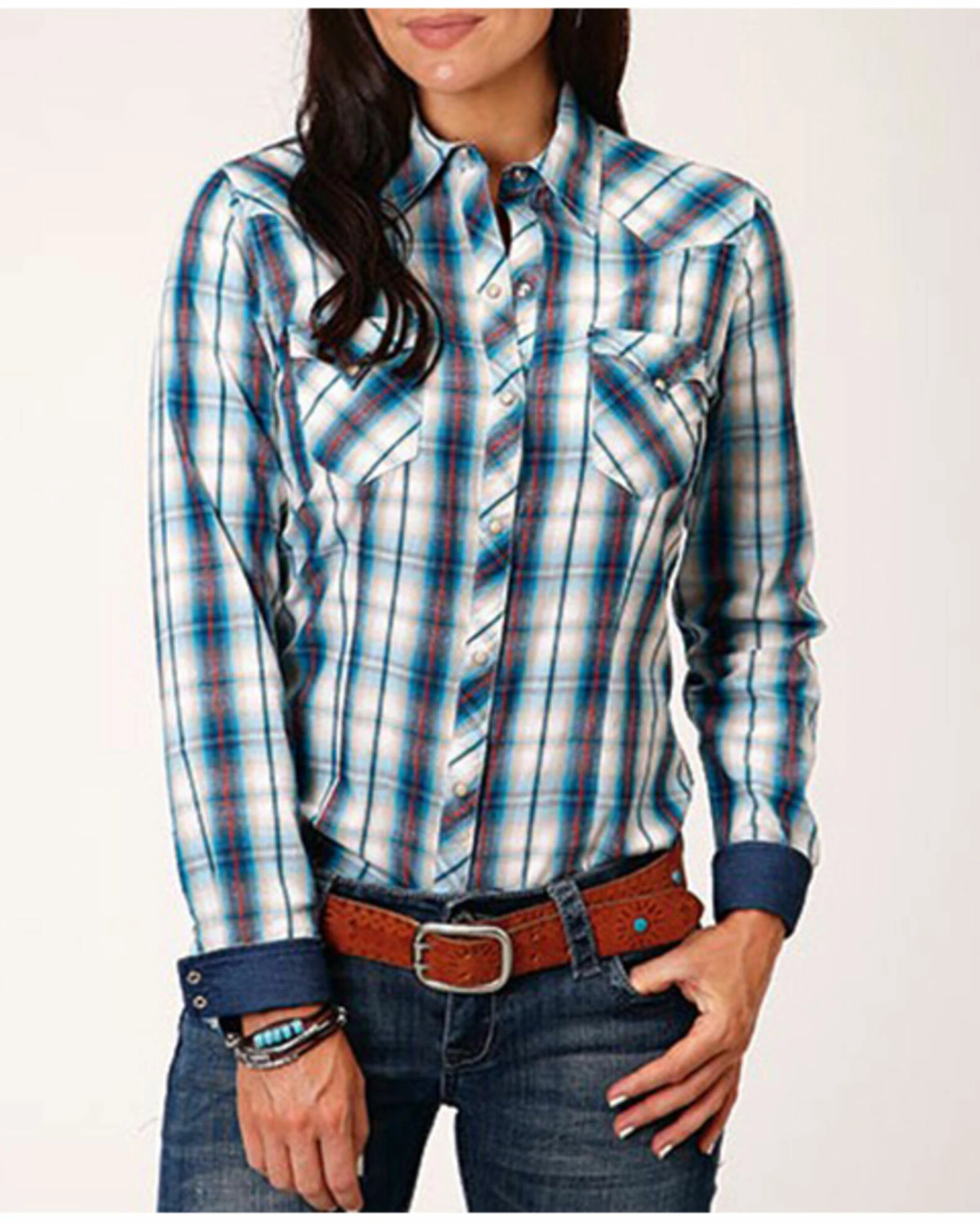 Roper Women's Plaid Print Long Sleeve Snap Western Shirt - Plus Blue 3 Roper Women's Plaid Print Long Sleeve Snap Western Shirt - Plus Blue