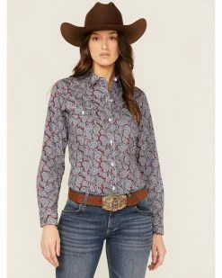 Roper Women's Paisley Print Long Sleeve Button-Down Western Shirt Wine