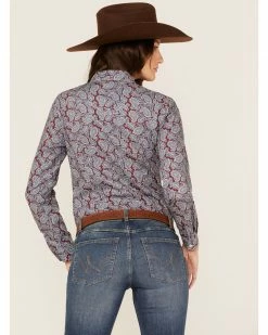 Roper Women's Paisley Print Long Sleeve Button-Down Western Shirt  Wine -Roper Shop 2000366847 646 P4