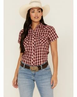 Roper Women's Plaid Print Short Sleeve Snap Western Shirt Red