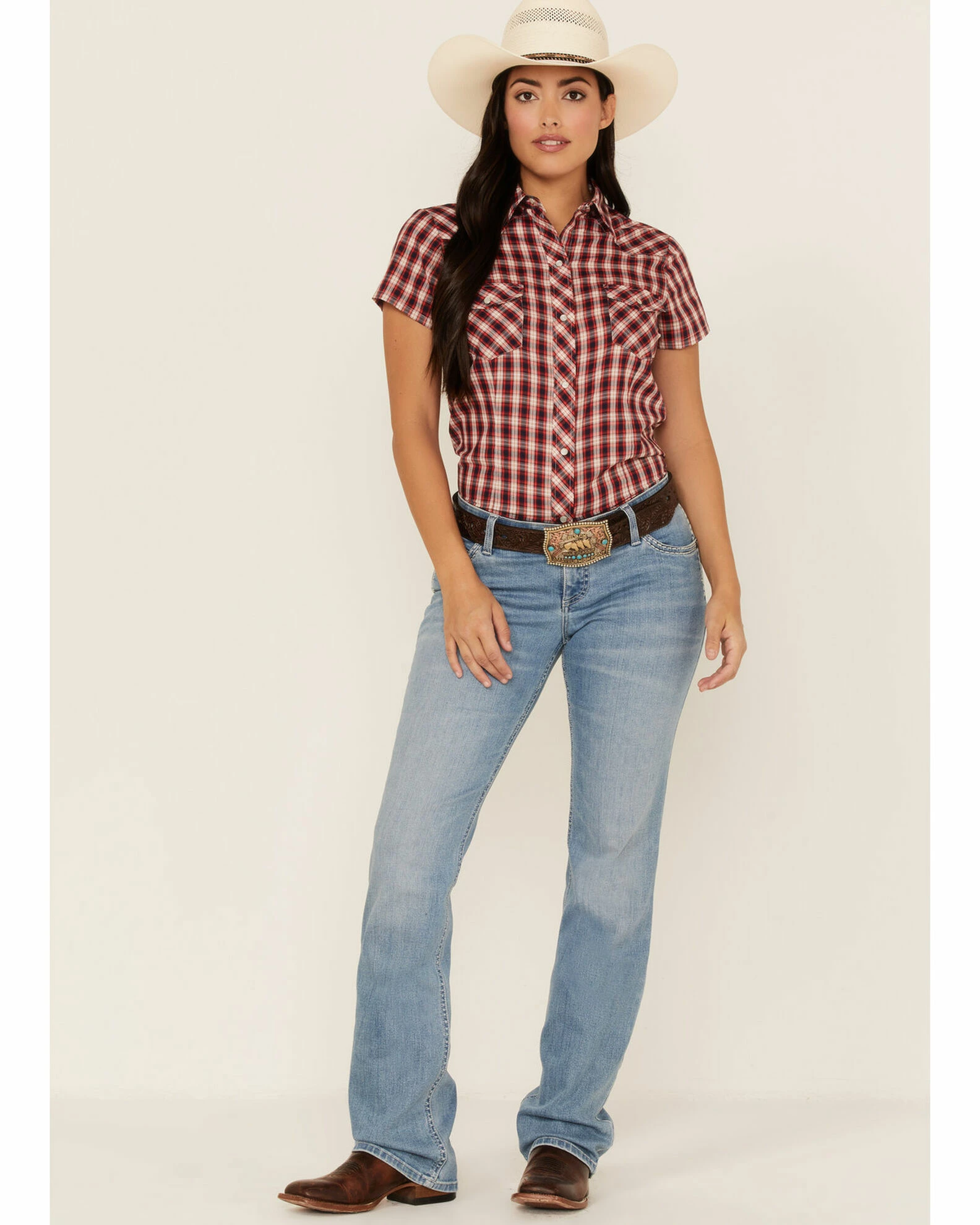 Roper Women's Plaid Print Short Sleeve Snap Western Shirt Red 4 Roper Women's Plaid Print Short Sleeve Snap Western Shirt Red - Image 2