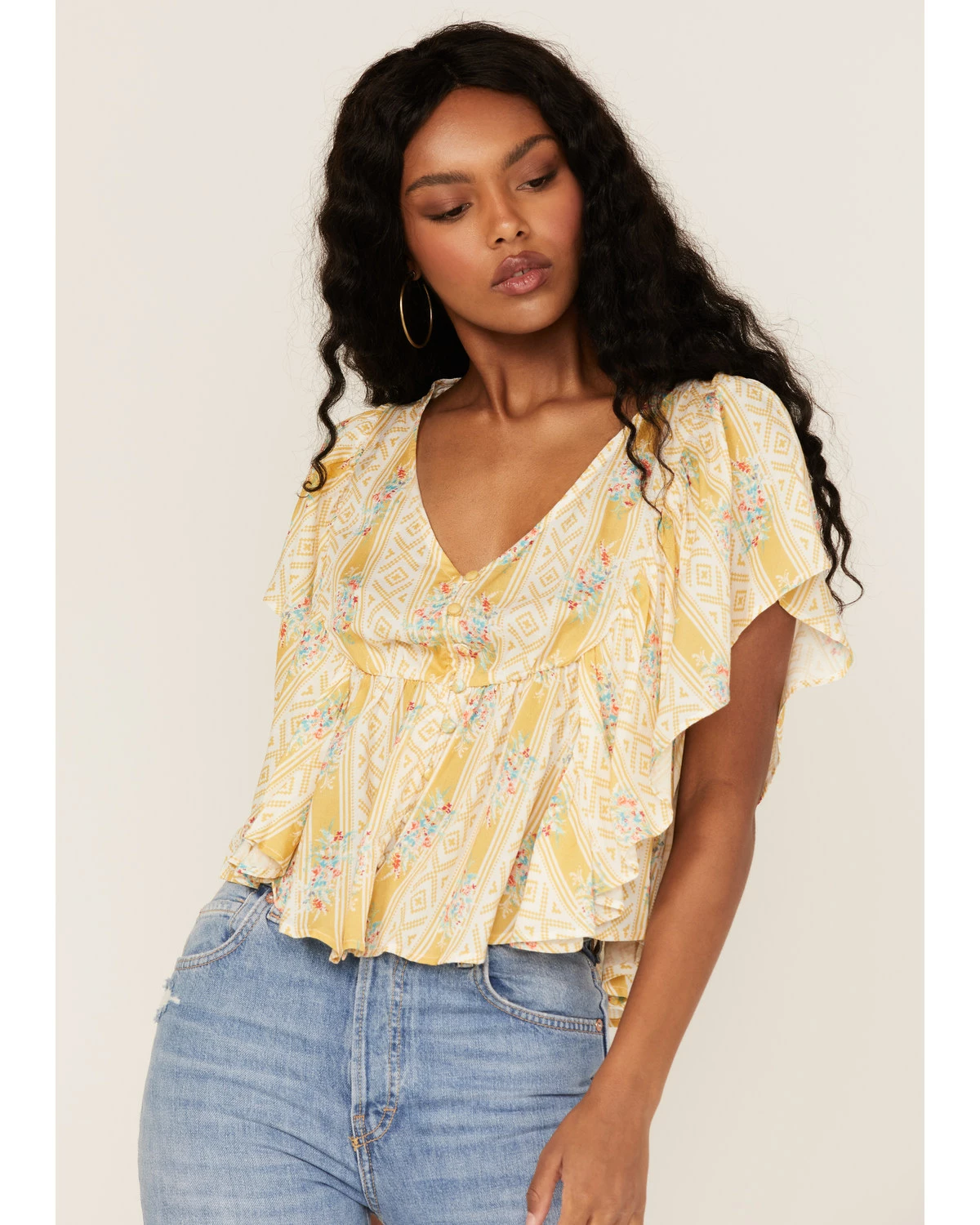 Roper Women's Southwestern Wallpaper Floral Print Ruffle Sleeve Top Yellow 7 Roper Women's Southwestern Wallpaper Floral Print Ruffle Sleeve Top Yellow - Image 5