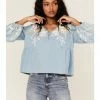Roper Women's Denim Lace Embroidered Floral Peasant Top Blue 1 Roper Women's Denim Lace Embroidered Floral Peasant Top Blue -Roper Shop 2000366852 400 P1