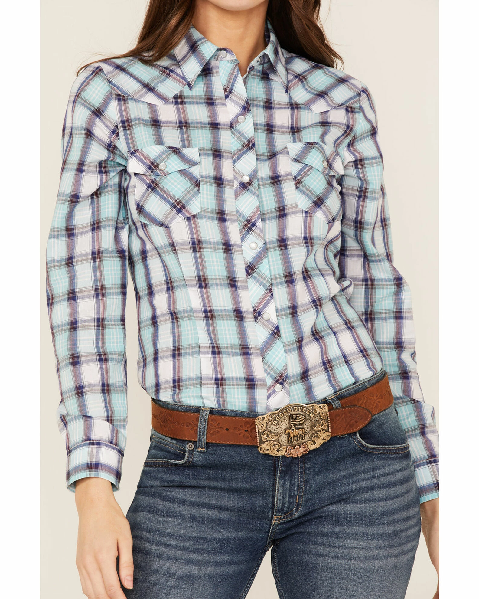 Roper Women's Plaid Print Western Shirt Blue 5 Roper Women's Plaid Print Western Shirt Blue - Image 3
