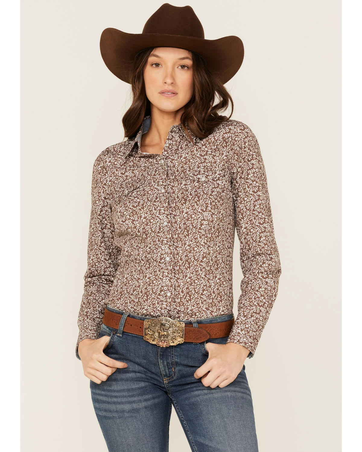 Roper Women's Floral Chambray Western Snap Shirt Brown 7 Roper Women's Floral Chambray Western Snap Shirt Brown - Image 5