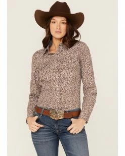 Roper Women's Floral Chambray Western Snap Shirt Brown