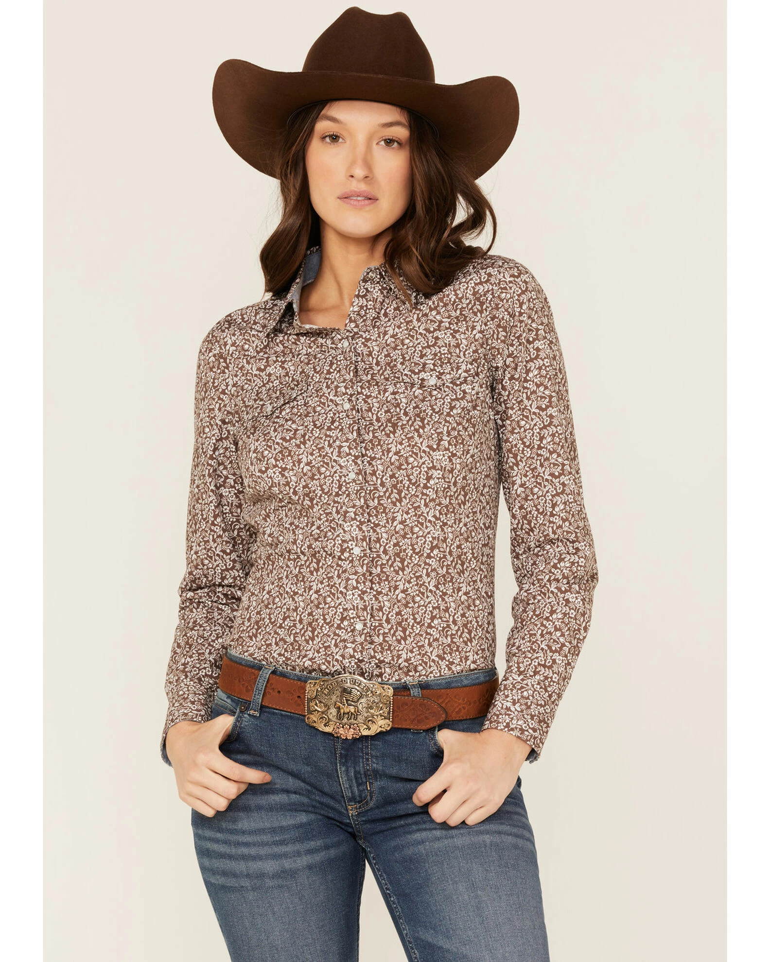 Roper Women's Floral Chambray Western Snap Shirt Brown 3 Roper Women's Floral Chambray Western Snap Shirt Brown