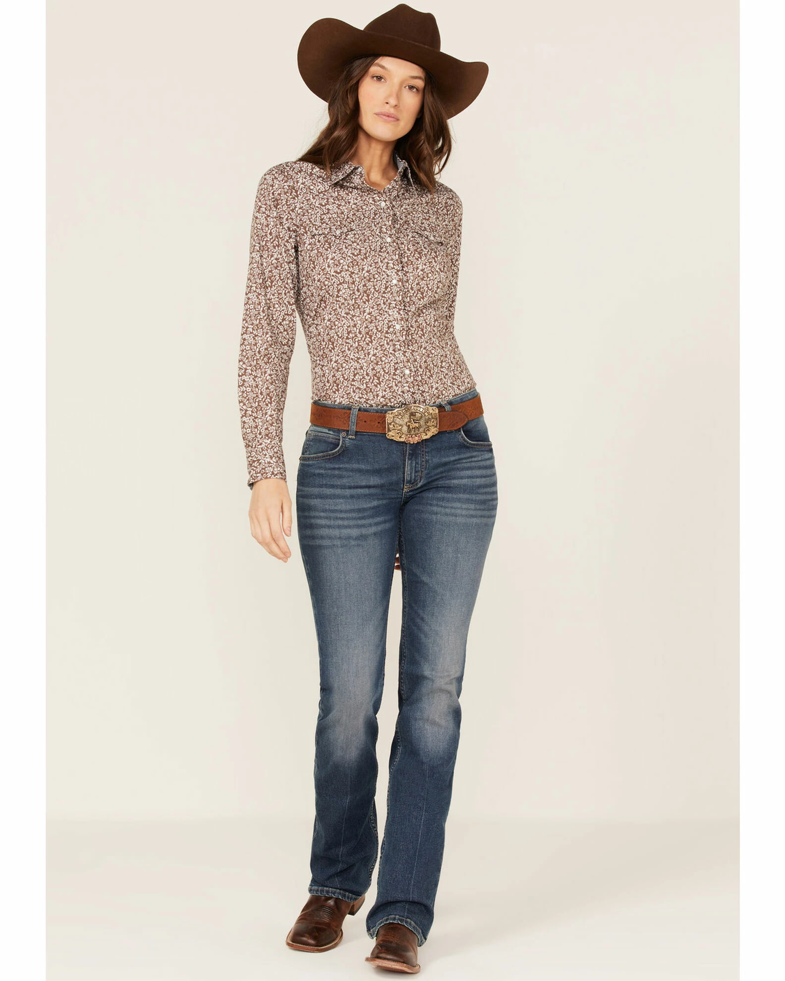 Roper Women's Floral Chambray Western Snap Shirt Brown 4 Roper Women's Floral Chambray Western Snap Shirt Brown - Image 2