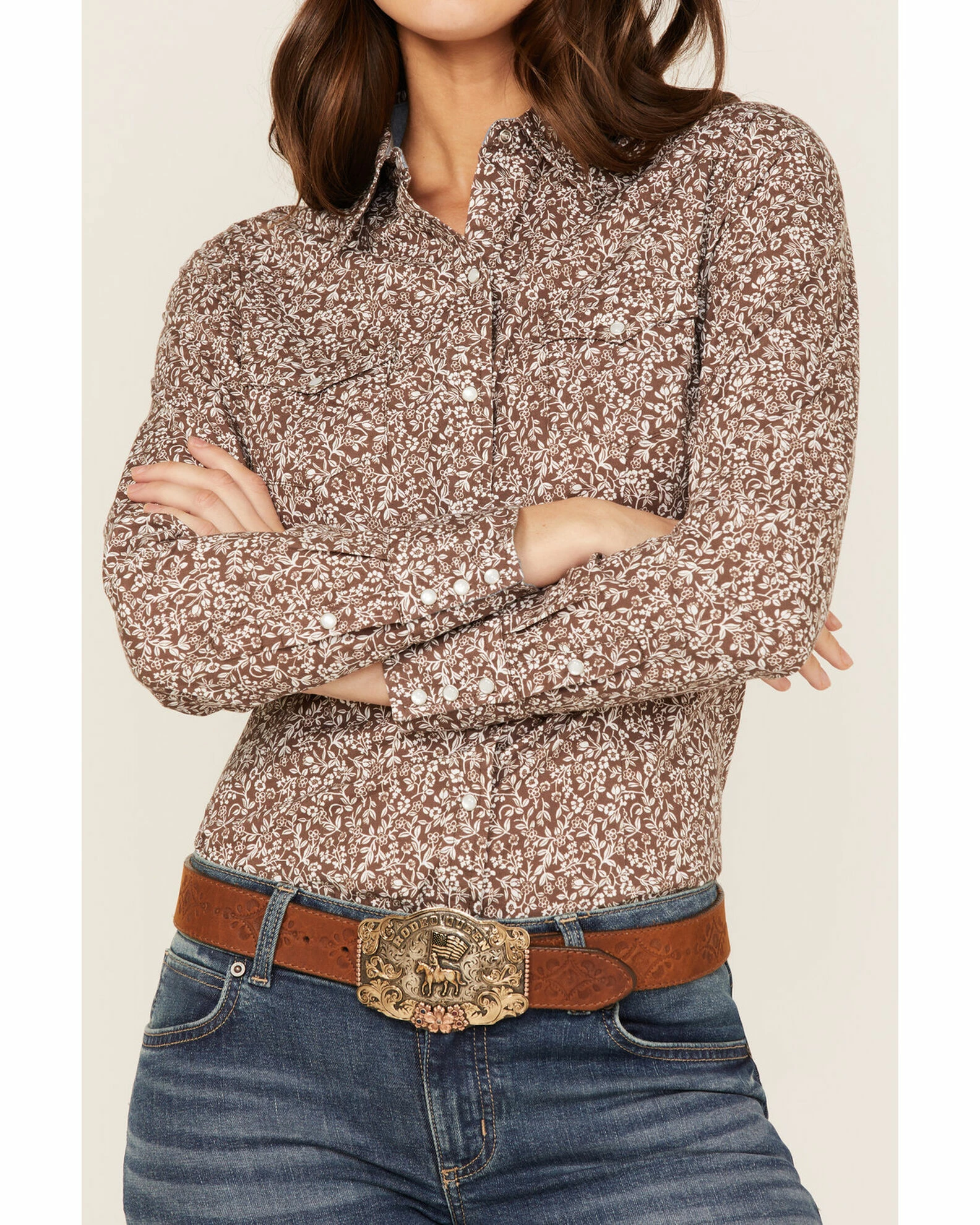 Roper Women's Floral Chambray Western Snap Shirt Brown 5 Roper Women's Floral Chambray Western Snap Shirt Brown - Image 3