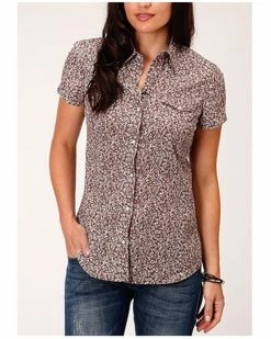 Roper Women's Floral Print Short Sleeve Snap Western Shirt - Plus Brown