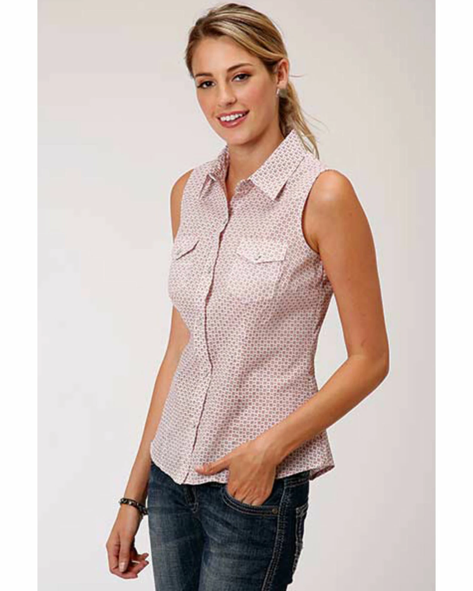 Roper Women's Block Print Sleeveless Western Shirt White 3 Roper Women's Block Print Sleeveless Western Shirt White