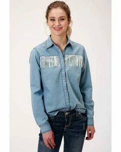 Roper Women's Light Wash Long Sleeve Snap Western Core Denim Shirt  Blue -Roper Shop 2000367044 400 P1 1