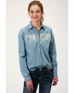 Roper Women's Light Wash Long Sleeve Snap Western Core Denim Shirt Blue