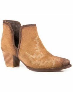 Roper Women's Tan Rowdy Suede Leather Open Side Western Bootie - Snip ToeÂ