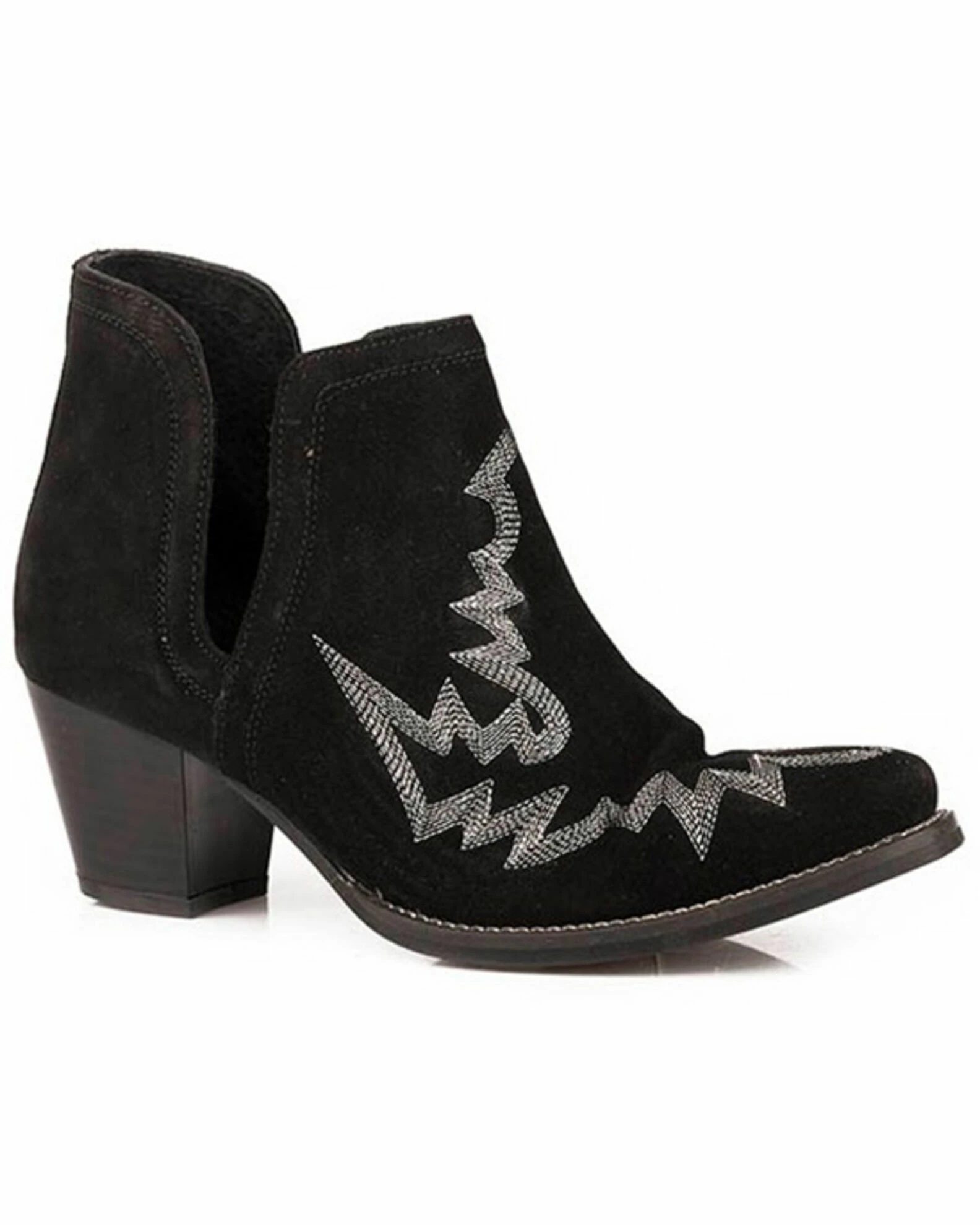 Roper Women's Rowdy Cow Suede Open Side Western Booties- Snip Toe Black 3 Roper Women's Rowdy Cow Suede Open Side Western Booties- Snip Toe Black